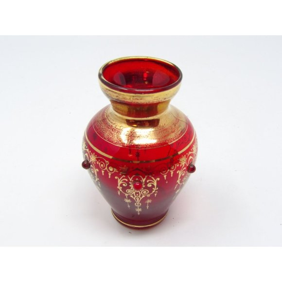 Vintage Hand Blown Red Glass Vase with Gold Design and Red Applied Glass Dots 4 - Picture 2 of 10